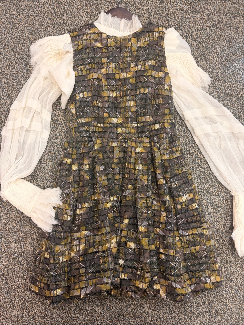 Vintage Chanel Metiers Dart  Tweed Mini Dress with Sheer Puff Sleeves - Picture 2 of 8